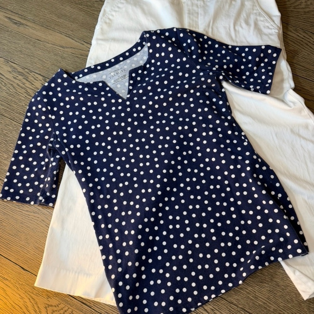 Talbots Navy Polka Dot Short Sleeve Top SPLIT NECK TEE - FLIRTY DOT
